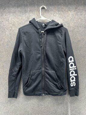 Adidas Hoodie Sweatshirt Youth Medium Black Full Zip Big Logo Fleece Athletic